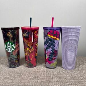 Lot of 4 Starbucks Acrylic Venti Size Mushroom Grid Floral Cold Cup Tumblers